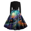 Women's Vintage Long Sleeve Round Neck Halloween Party Dress with Printed Skirt and Waist Tie Elegant Retro Style
