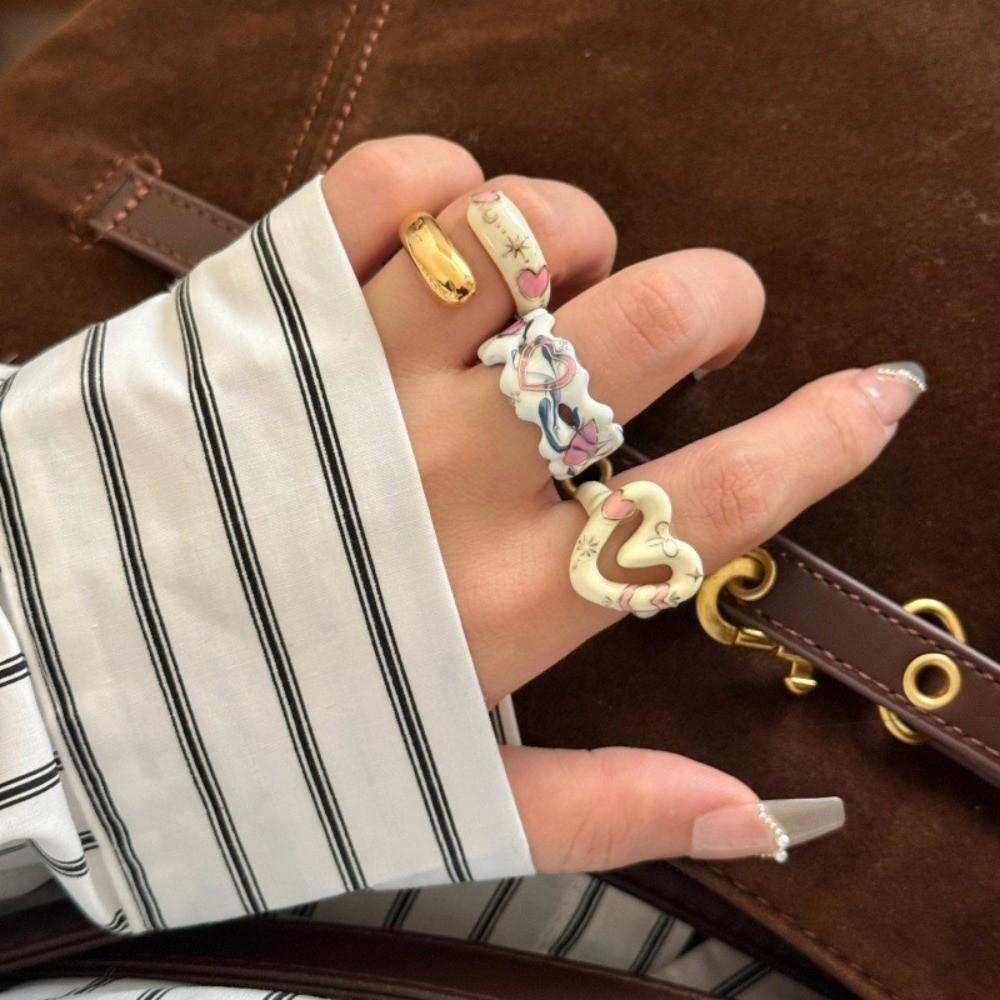 Fashionable Bow Colorful Oil Drip Ring Unique Trendy Irregular Heart Open Ring Colorful Versatile Finger Ring Banquets
