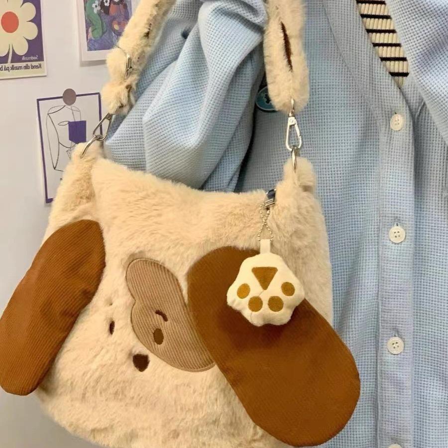 Cute Puppy Embroidered Handbag Autumn And Winter Plush Large Capacity Schoolgirl Shoulder Bag Underarm Bag Commuter Bag