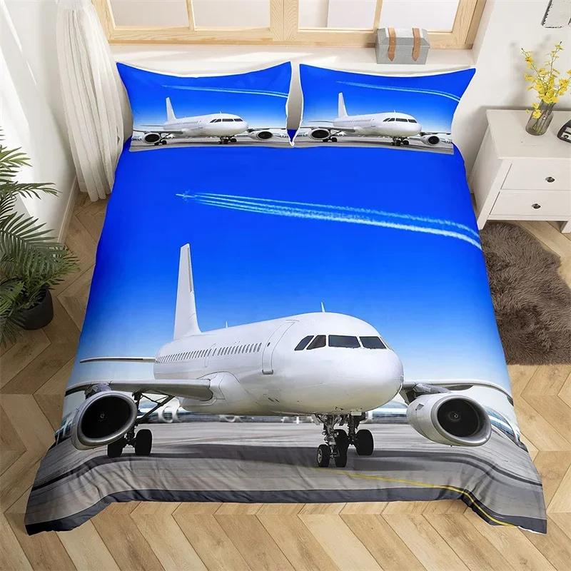 3D Airplane Duvet Cover King Aircraft Transportation Bedding Set Microfiber Globe Comforter Cover Helicopter Decor Quilt Cover