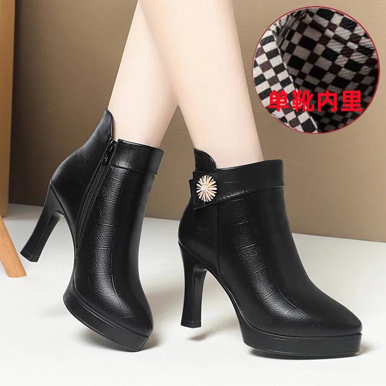 Fashion Autumn Women's Platform Shoes New Plus Velvet Stiletto Heel Heeled Ankle Boots Winter Fashion Pointed Toe Warm Female Short Boot