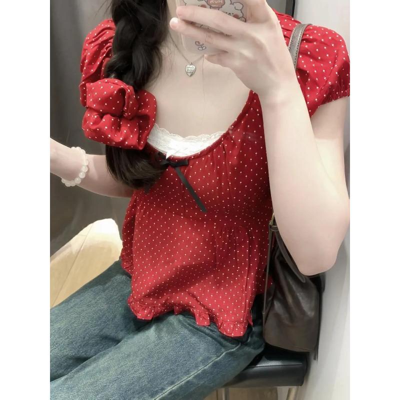 Korean Series Pure Desire BM Red Polka Dot Short sleeve T-shirt Women Summer Bow Small Man Pleat Puff sleeve Top Tide