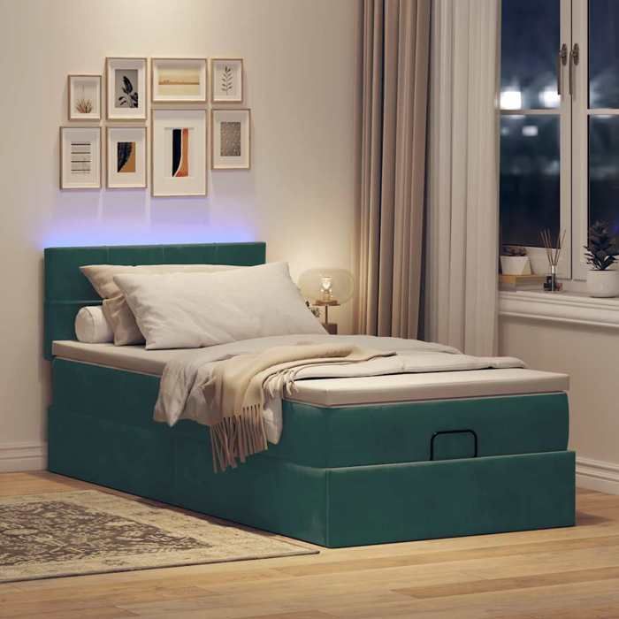VidaXL Ottoman Bed with Mattress and Dark Green LED 90x200cm Velvet Upholstered Bed 3312599