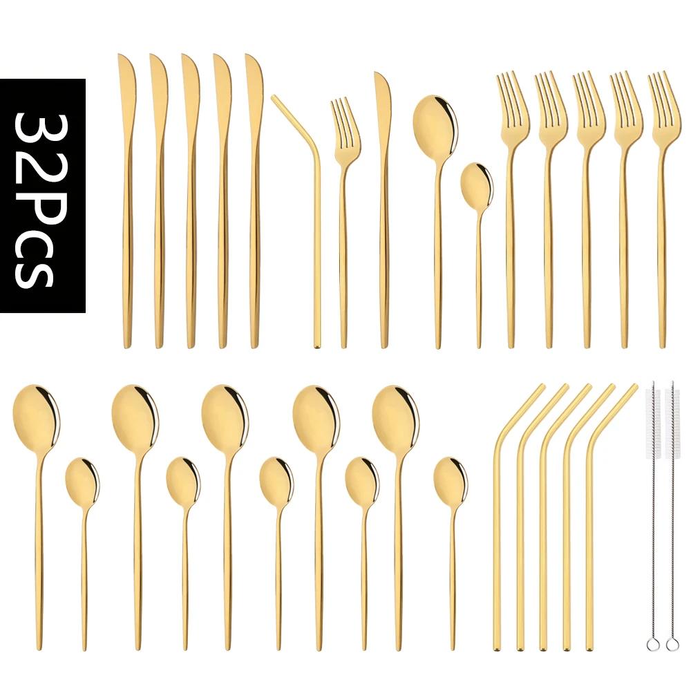 32Pcs Stainless Steel Dinnerware Set Kitchen Black Cutlery Set Knife Fork Spoon Straw Flatware Tableware Western Silverware Set