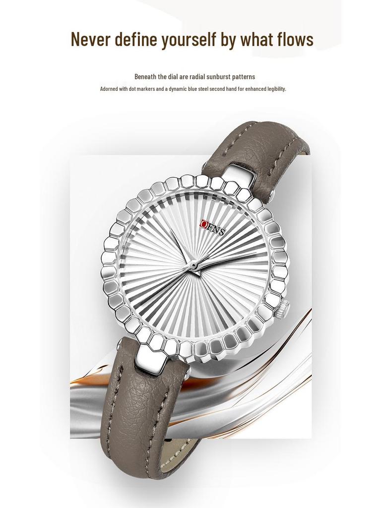 Oufanni Women's Sunburst Quartz Watch with Cowhide Strap – Waterproof, Fan-Shaped Versatile Design, Model 1643.