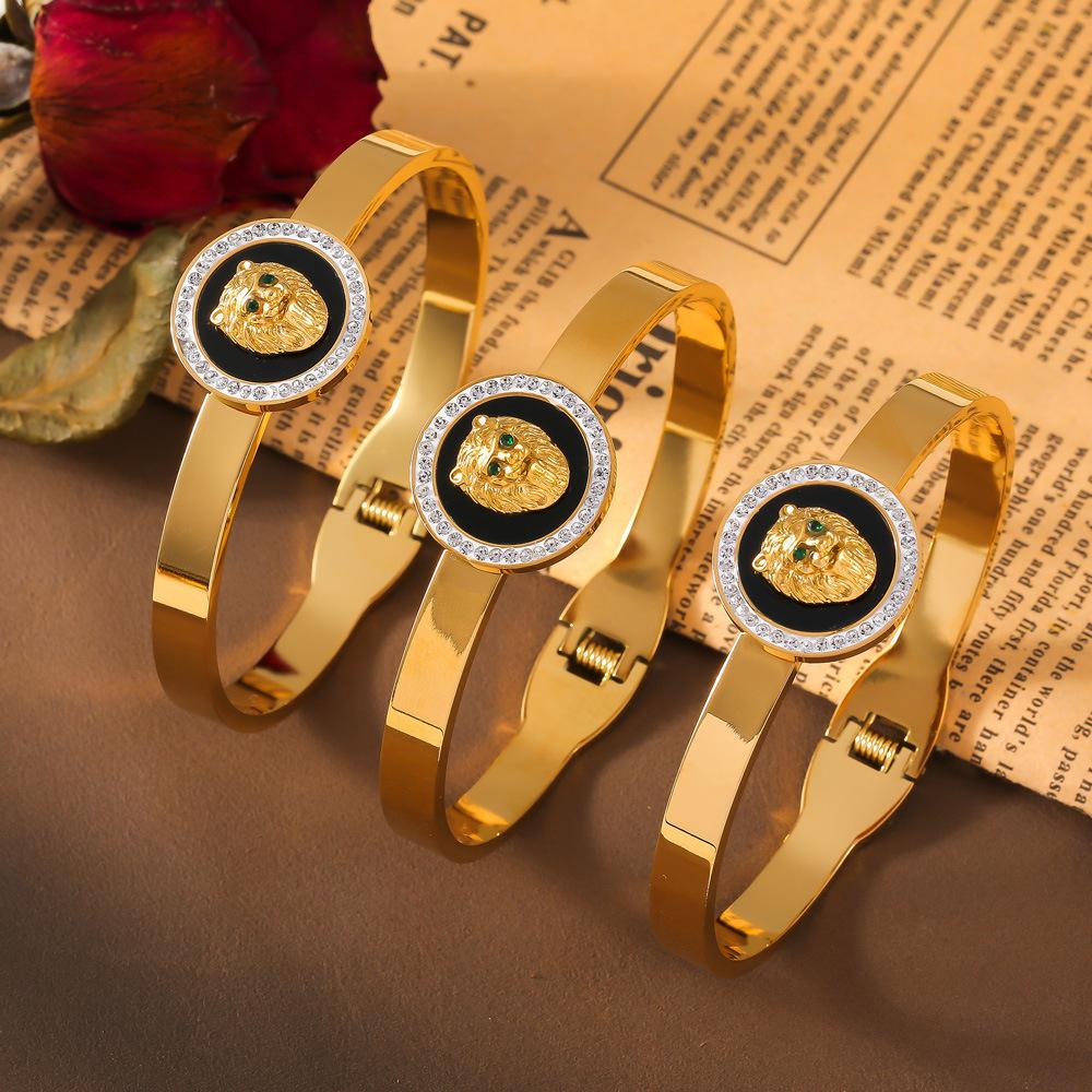 Punk Style Diamond-encrusted Lion Head Round Brand Elastic Opening Titanium Steel Gold-plated Bracelet Niche Personalized Jewelry