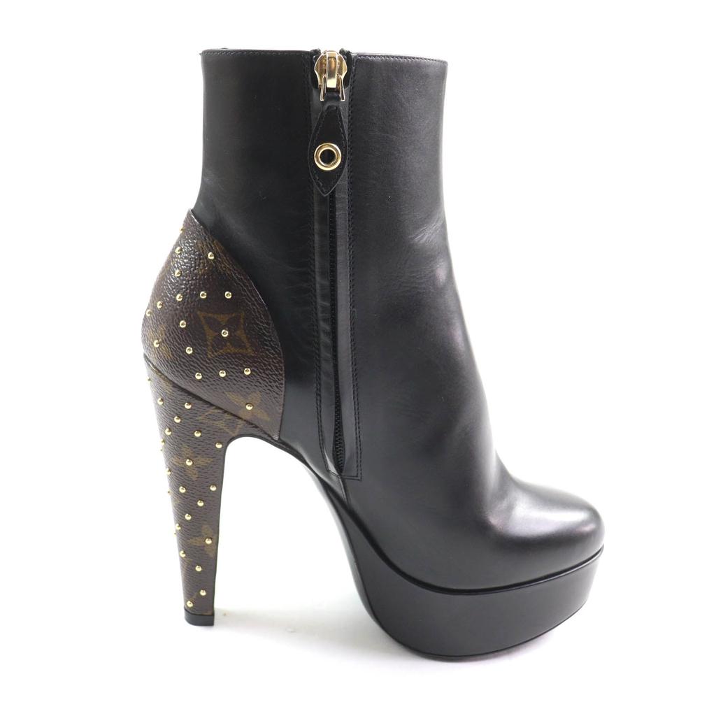LOUIS VUITTON Ankle boots Monogram Studs Side Zip Black brown leather Women 36 Used