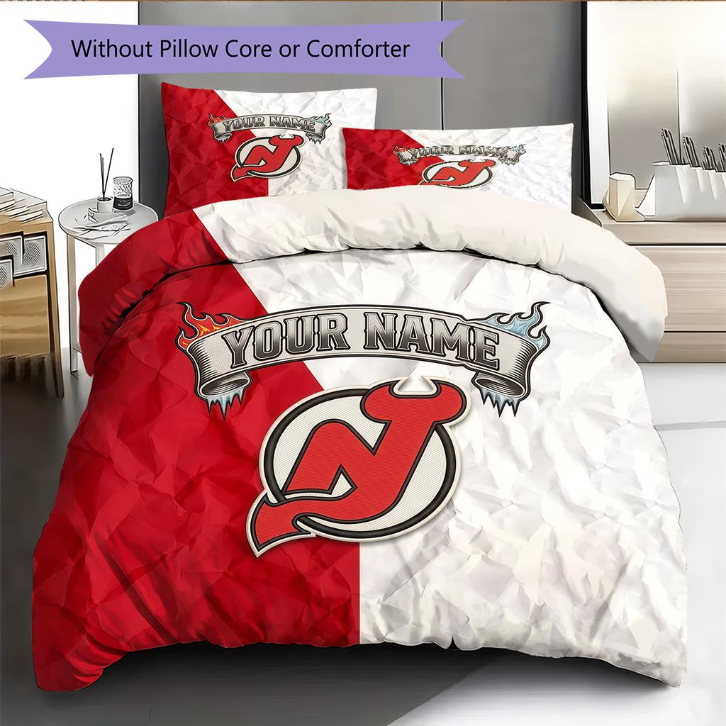 Custom Name New Jersey Devils Pattern Bedding Quilt Set Home Decoration Gift (1 * duvet cover + 2 * pillowcase without core)