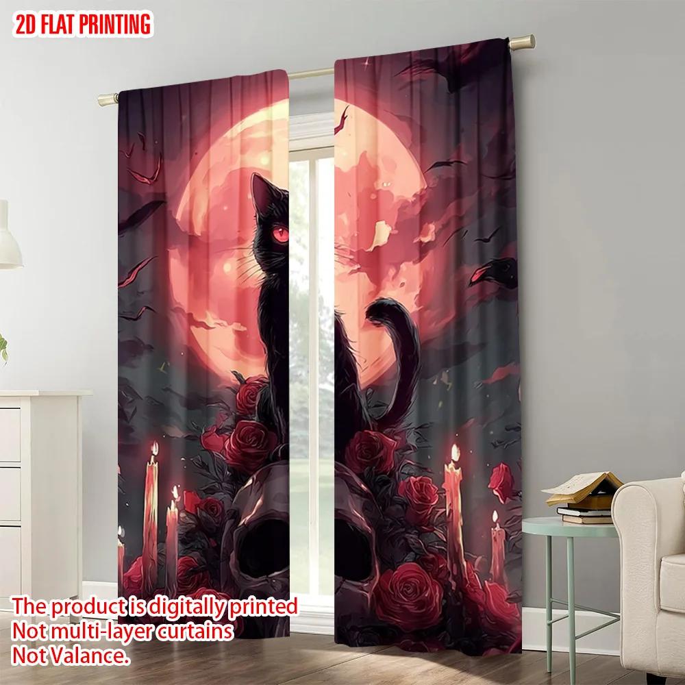 2pcs   plane printing Curtain Fabric Halloween Skeleton and Black Cat Versatile Polyester Fabric (without rod) Room Decor Ldeal