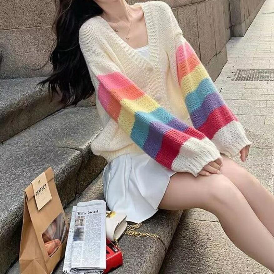 Regenbogen gestreifter Strick-Cardigan für Damen Teenager Gemütlich Weich Mohair Knopfleiste Pullover Jacke Winter Herbst Y2K Outfit