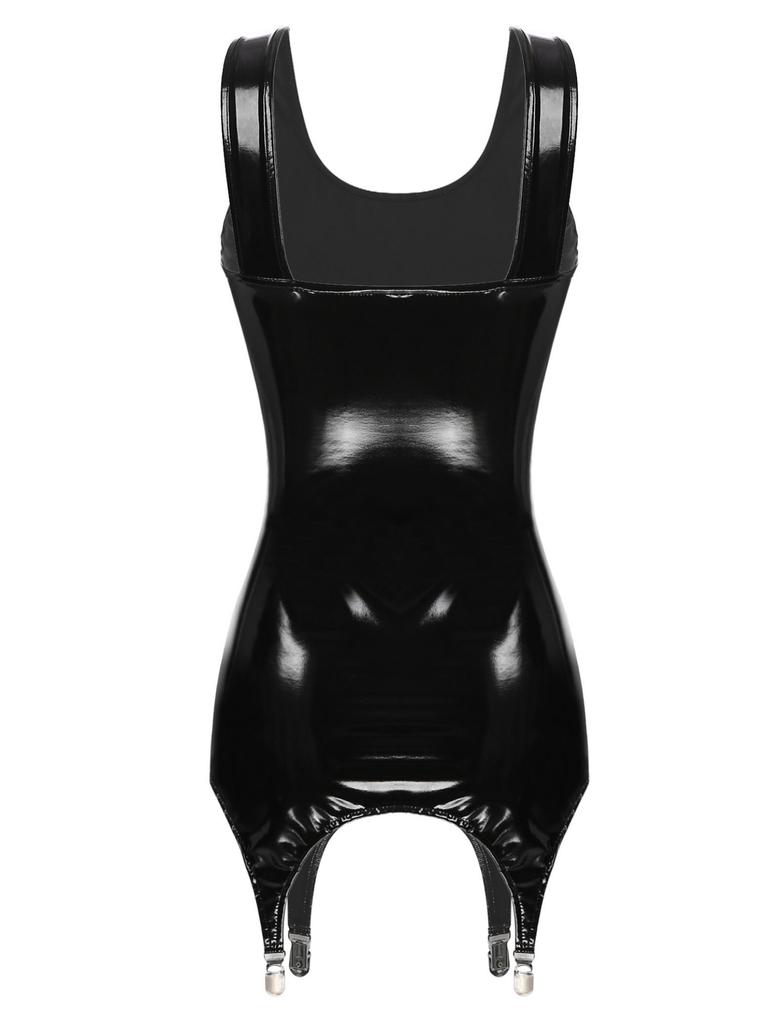 Dress with Garter Belt Women Sleeveless Patent Leather Mini Dress Bodycon Pencil Clubwear