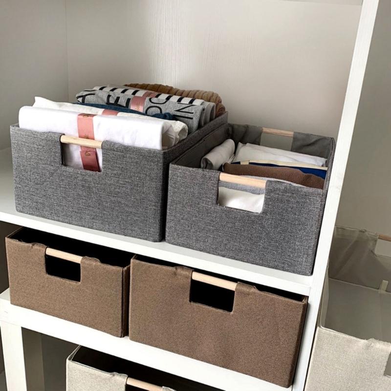 Sturdy Fabric Storage Bin With Reinforced Bottom Wooden Handles for Bedroom Office