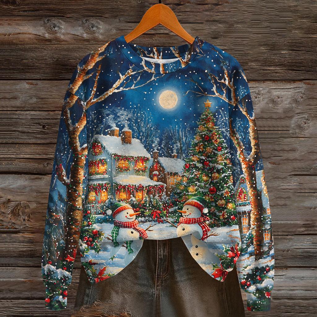 Damenmode Langarm Weihnachten Schneemann Schneeflocke Druck Jacke Strickjacke