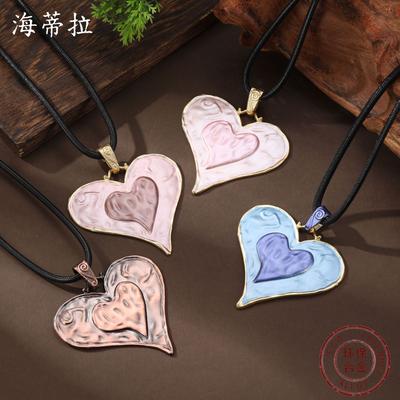 New Enamel Color Love Leather Rope Long Pendant Women Exaggerated Color Heart-shaped Versatile Long Necklace