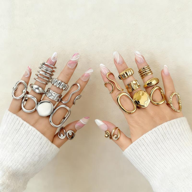 10Pcs/Sets Hiphop Irregular Hollow Arc-Shaped Rings for Women Men Punk Gothic Smooth Opening Rings Set Party Jewelry Accessories