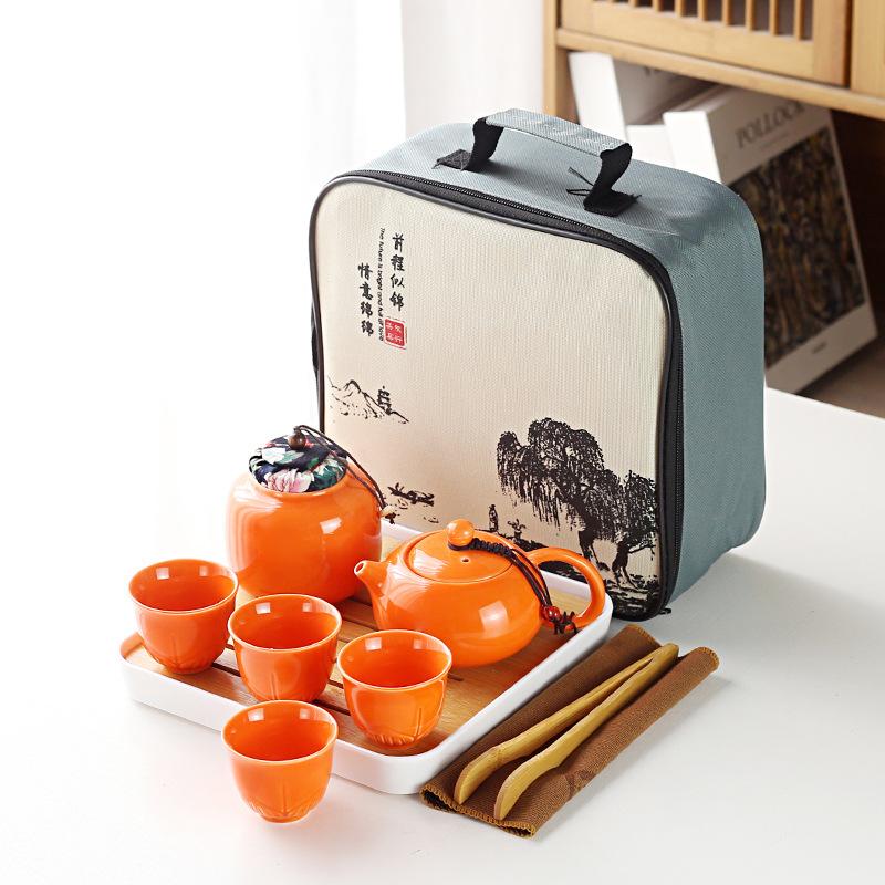 Travel tea set, portable ceramic kiln-changed glaze, one pot of four cups tea set, household personal gift box