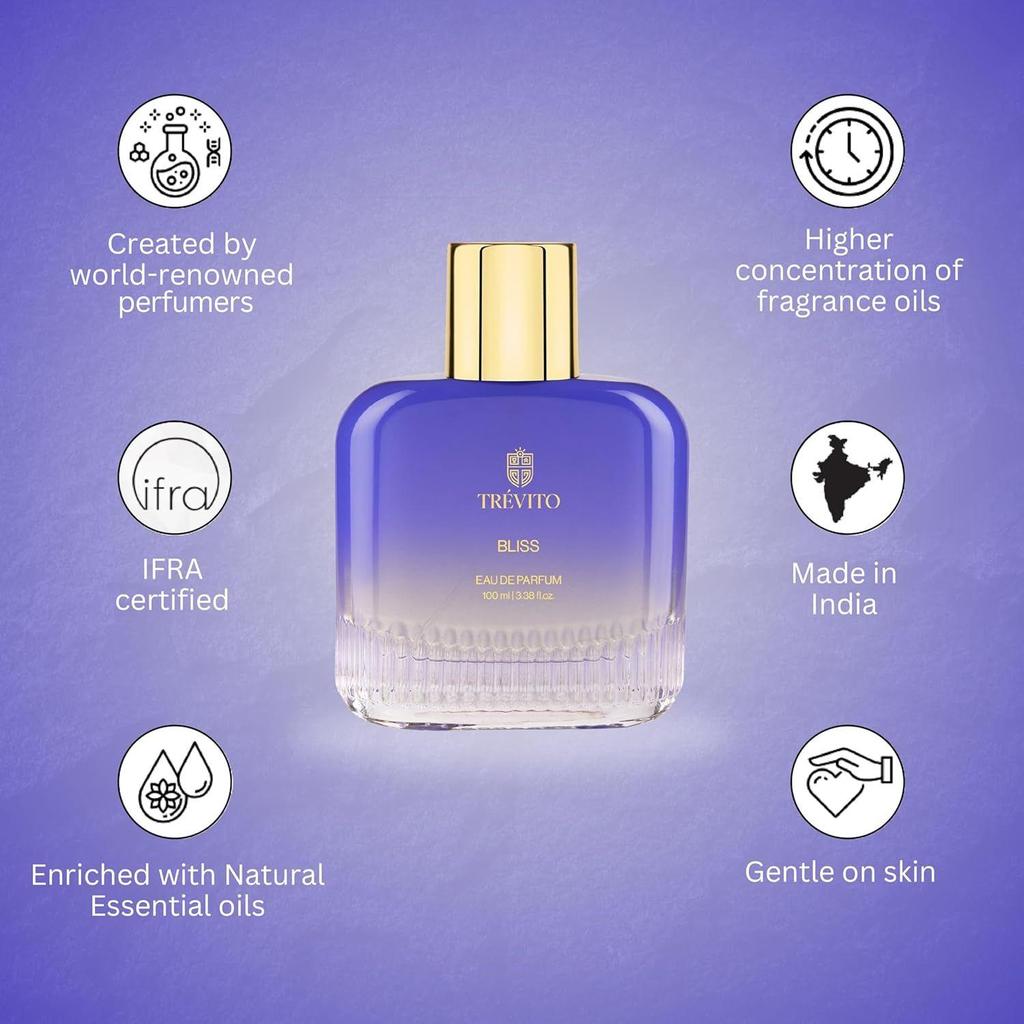 TRÉVITO Bliss Luxus Parfüm für Damen 100ml | Premium Langanhaltendes Eau de Parfum | Ambery Fougere Duft