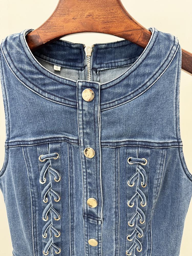 2026 Spring/Summer High Street Elegant Rope Tie Washed Denim Pinafore Dress - Stretchy Fit