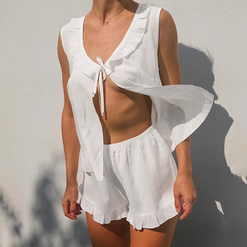 New European and American casual pajamas, lace-up ruffle edge sleeveless vest, shorts, two-piece women's loungewear