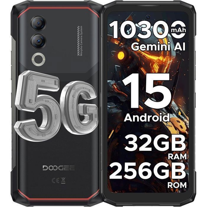 Telephone Portable Incassable 5G DOOGEE Blade 20 Turbo 32Go+256Go 6.6” Smartphone Robuste Android 15 50MP 10300mAh IP68/NFC Noir