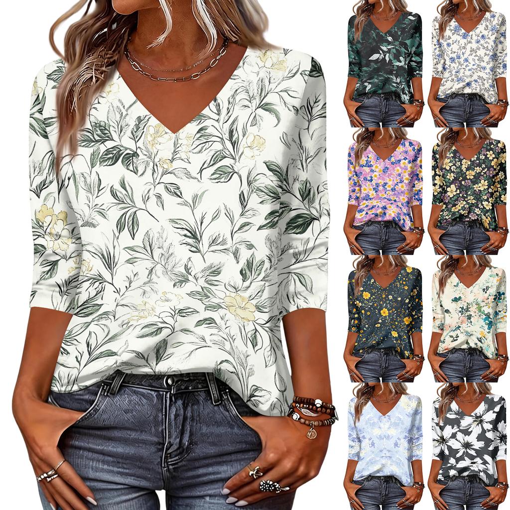 Women’s V Neck Floral Print Blouse Three Quarter Sleeve Casual Loose Fit Lightweight Top for Everyday Wear