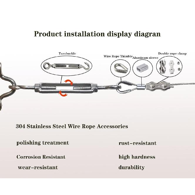 M5 Stainless Steel 304 Hook and Eye Turnbuckle Heavy Duty Wire Rope Tension with 165FT Vinyl Coated Steel Wire Cable Rope for Garden Wire,String