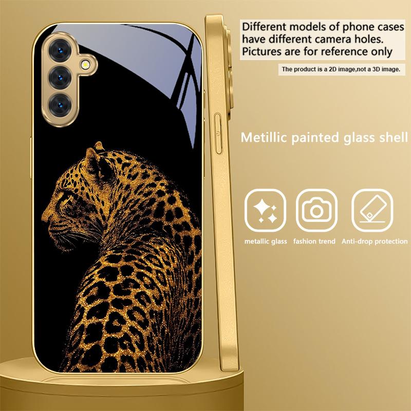 Leopard Background Black For Samsung A 31 32 A33 A34 35 14 A15 13 16 25 26 50 52 53 54 55 56 70 71 72 73 Golden Glass Phone Case