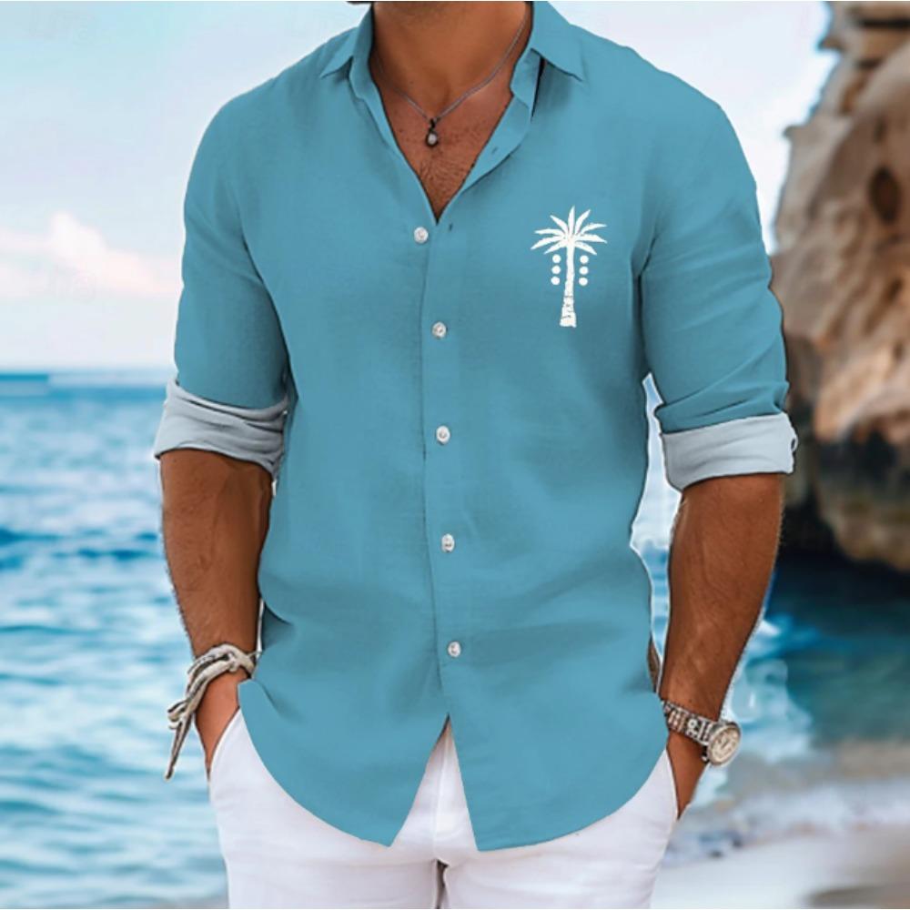 Camicie da uomo a maniche lunghe con stampa di palme, cardigan casual, nuovi bottoni, camicie moda per le vacanze