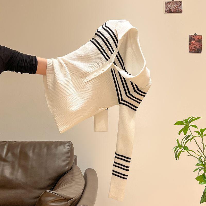 

Женский осенний полосатый вязаный топ: Цветовой блок, Полуоткрытый воротник, Длинные рукава XL (Recommended for 110-120 lbs)