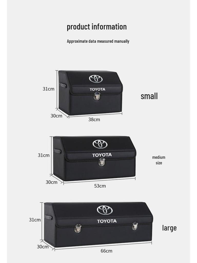 Fits in the trunks of Toyota Land Cruiser, Highlander, and Corolla.