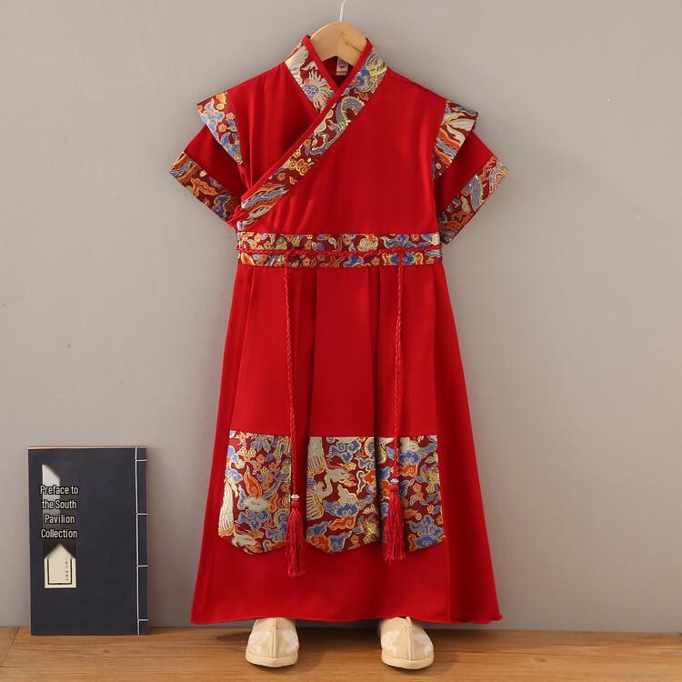 Boys' Summer Tang Suit: Short Sleeve Hanfu Long Shirt, Chinese Style Knight Robe for Kids
