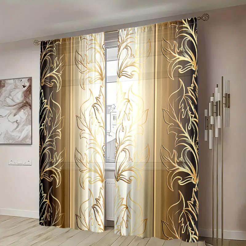 2 stk., gullfargede gardiner med nordisk bladtrykk - semi-mørkleggende - egnet for stue, soverom, kjøkken, hjemmedekorasjon