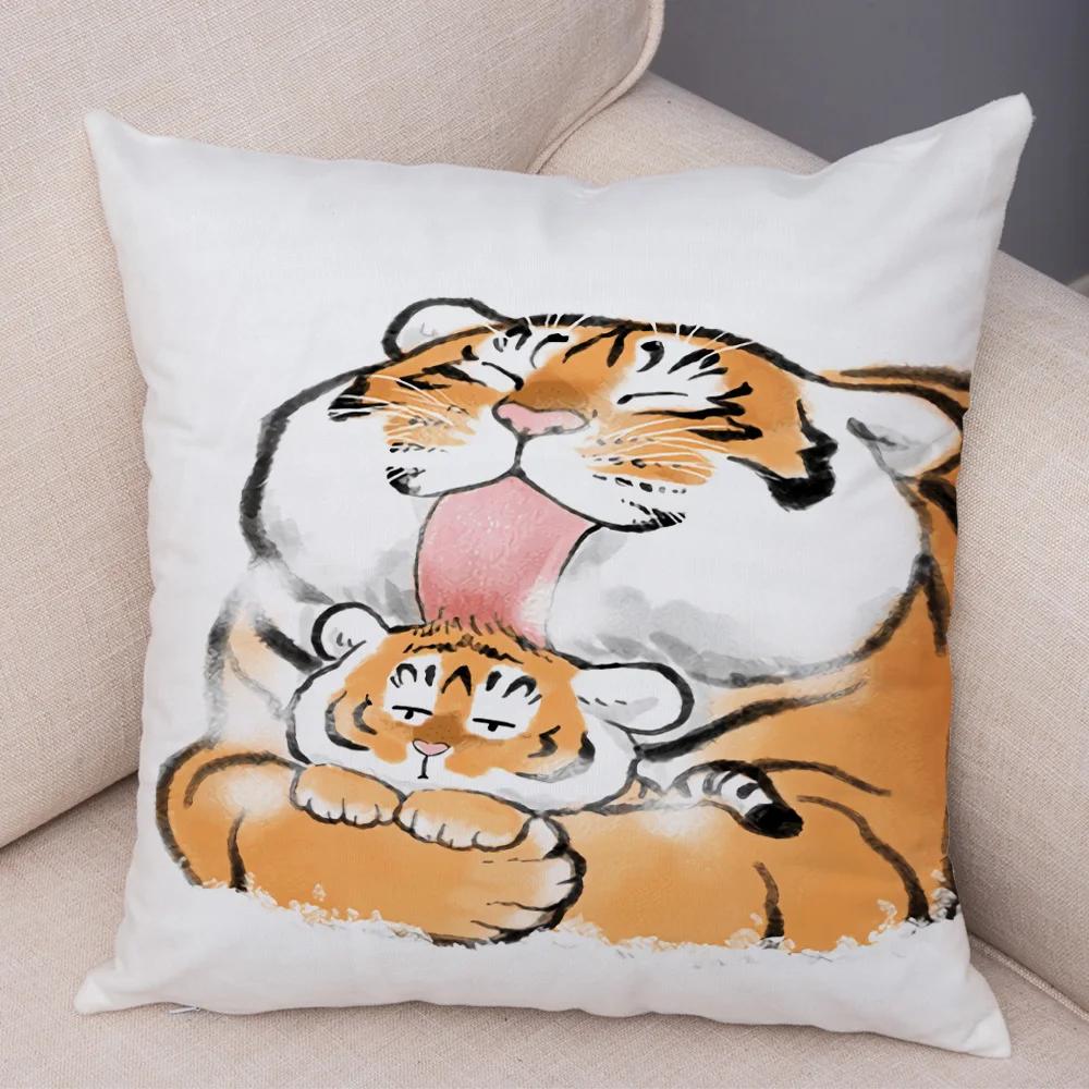 Chinese Ink Funny Fat Tiger Cushion Cover Decor Cute Cartoon Animal Soft Plush Pillow Case for Sofa Home Car Throw Pillowcase