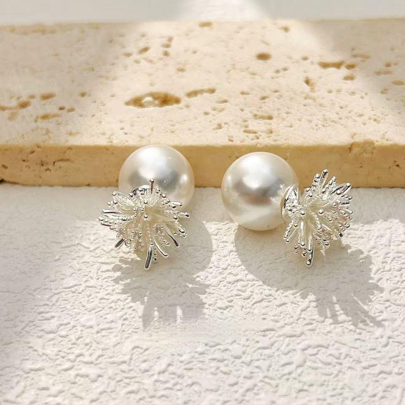 925 Silver Needle Plain White Firework Pearl Rear-Mounted Dual-Wear Stud Earrings 2025 New Retro Generous Earrings Eardrops