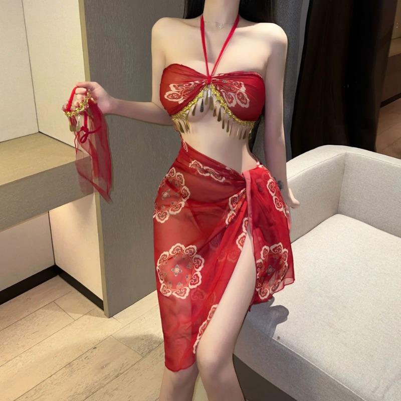 Female Porn Hanfu Red Women Sexy Chinese Traditional See Through Dress Belly Dancer Cosplay Costumes Bandage Skirt Set Lingeries