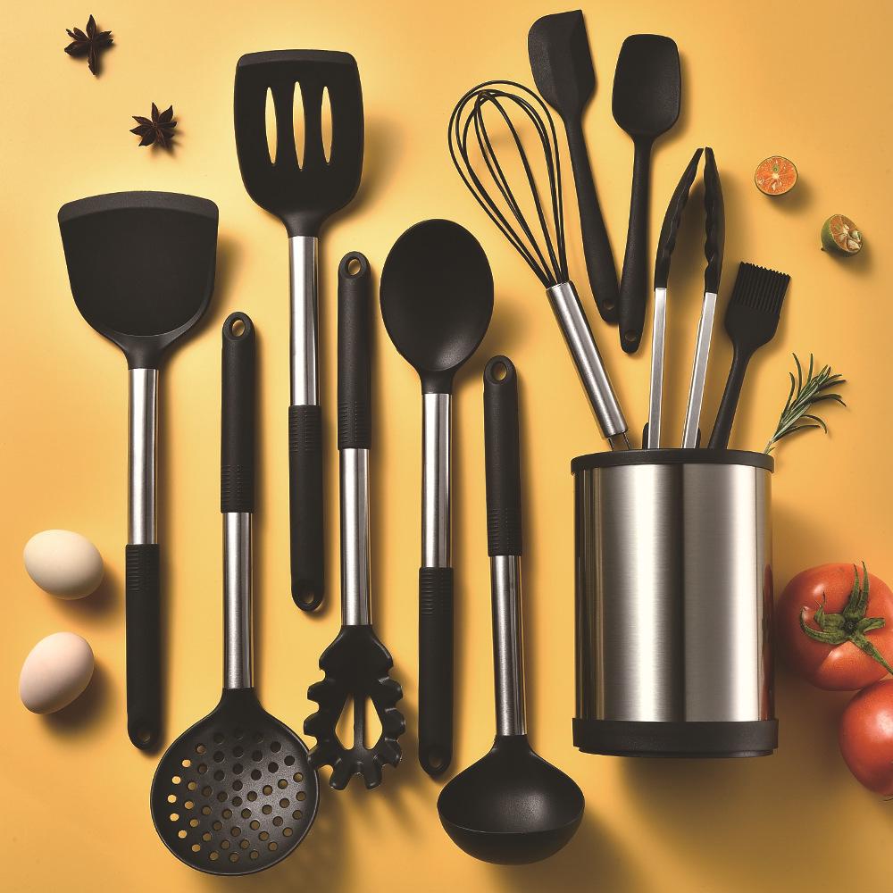 Rotatable 12-Piece Silicone Kitchenware Set: Frying Shovel & Soup Spoon Included