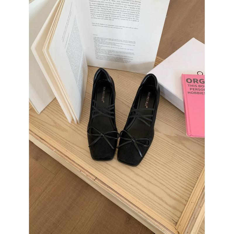 Brown French square head bow Mary Jane high heels 2025 autumn new retro thick heel light mouth single shoes