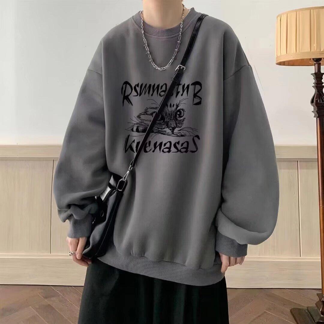 

Толстовка унисекс в корейском стиле, осень-весна, свитшот с буквенным принтом, повседневный свободный топ, пуловер с круглым вырезом, пуловер с кошачьим узором 2XL серый
