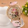 Women Rhinestone Inlaid Flower Round Dial Faux Leather Band Quartz Wrist Watch