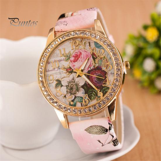 Orologio da polso da donna al quarzo con quadrante rotondo intarsiato di strass a forma di fiore e cinturino in ecopelle