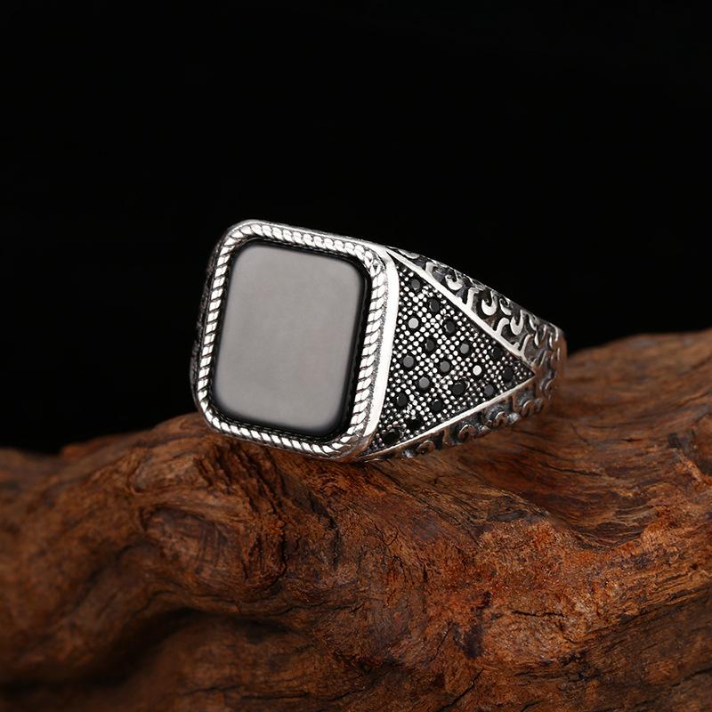 2026 Fine Pattern Ring Men's Woven Pattern Black Zircon Ring Opening Adjustable Retro Jewelry