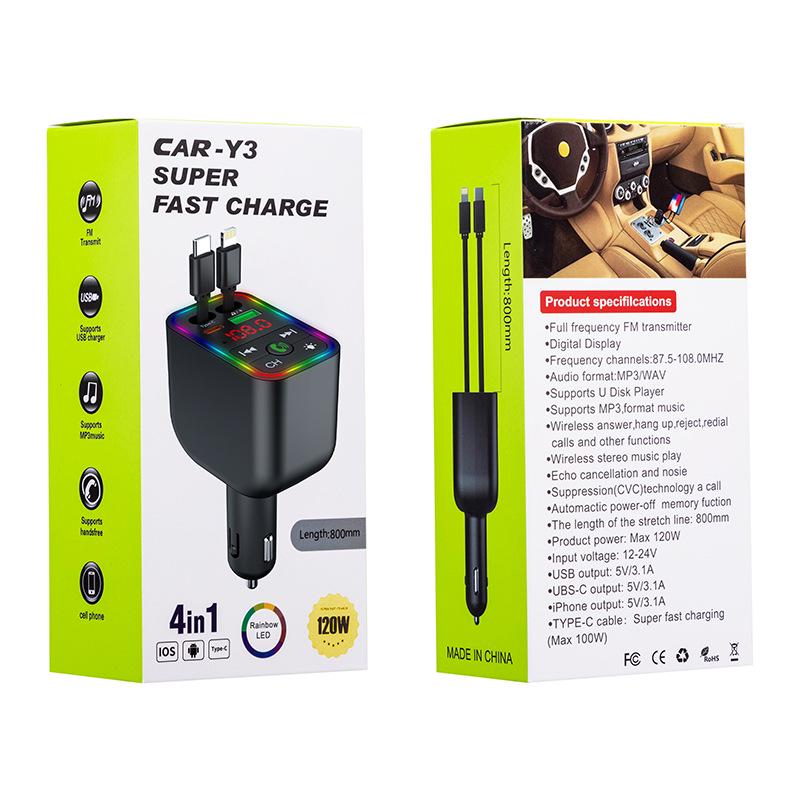 

Универсальный автомобильный MP3-плеер Y3 с Bluetooth 12 В и быстрая зарядка с выдвижным кабелем