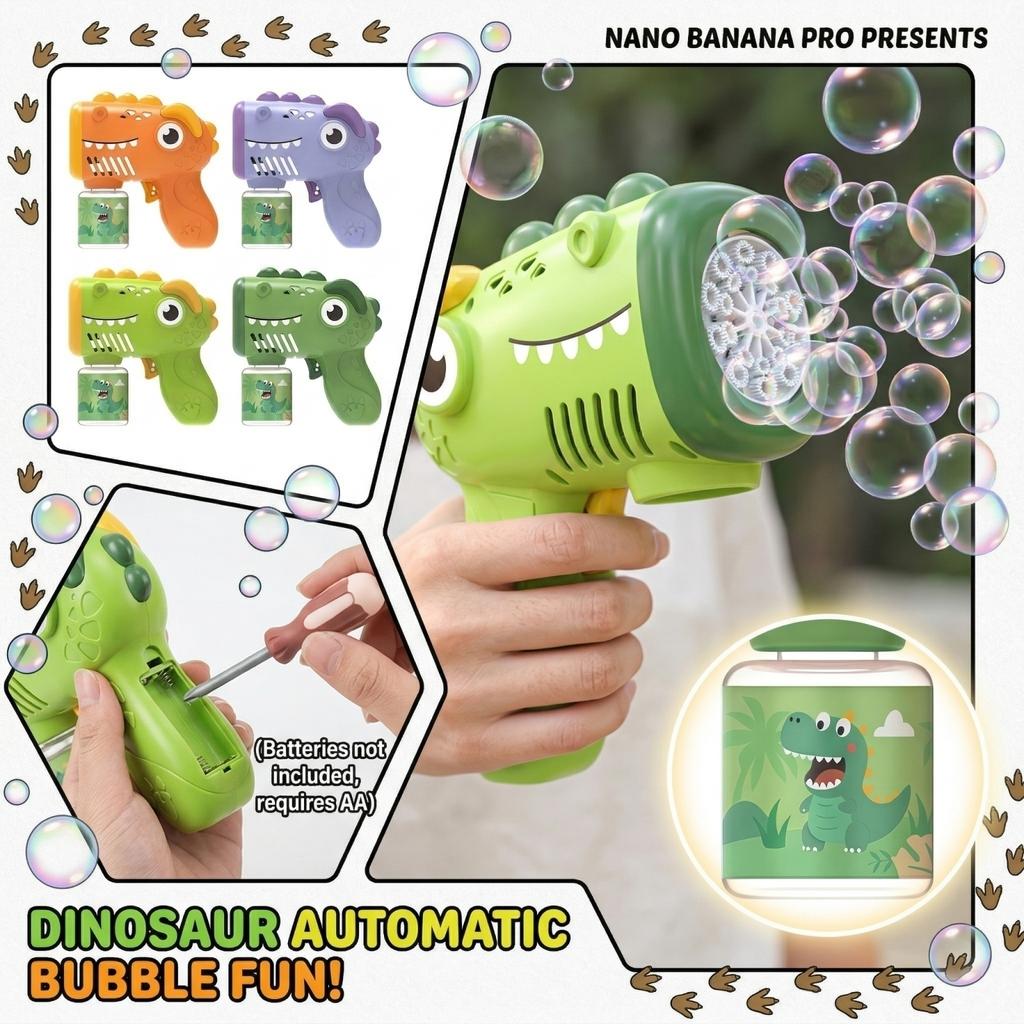 Dinosaur Themed Automatic Bubble Machine Battery Version Handheld Bubble Toy (Without Battery)180ml