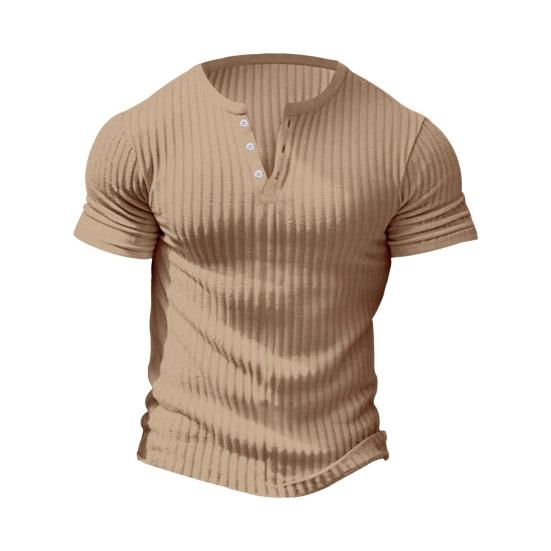 Men T-shirt Short Sleeves Slim Thin Solid Buttoned Color Stretchy Fit V Neck Pullover Thread Sport Fitness Top