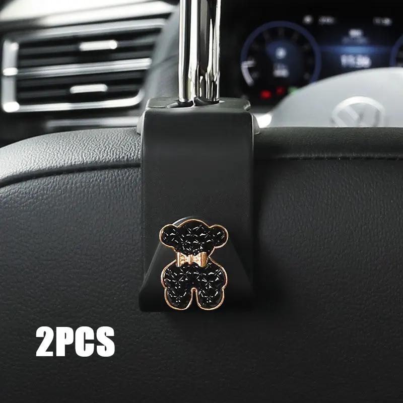 Cute Car Seat Back Hooks Diamond Camellia Flowers Decor Cartoon Bears Car Interior Storage Hook Handbag Hanging Holder Hook