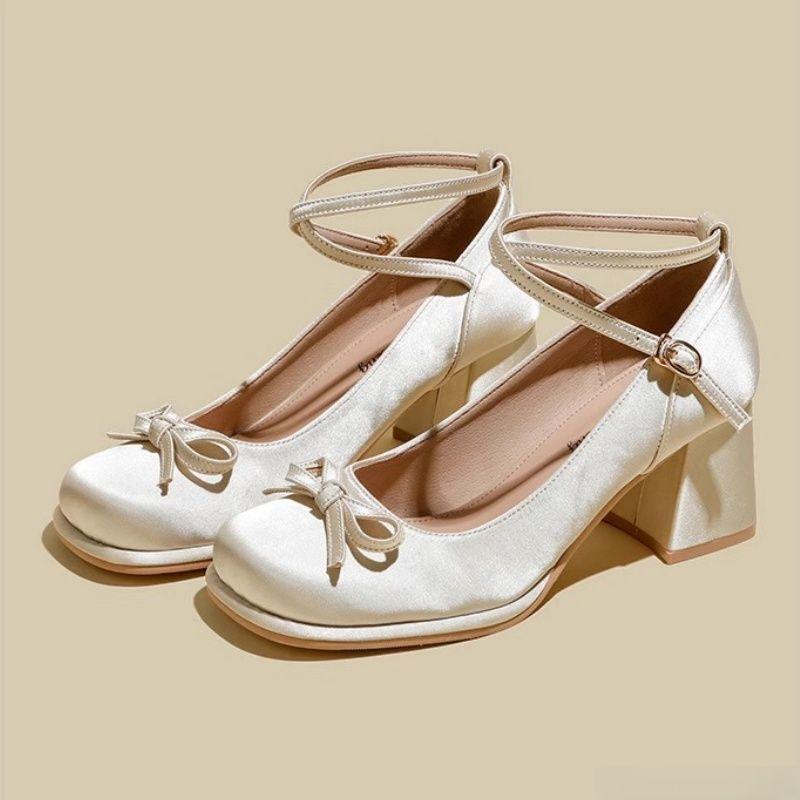 

Satin bow thick heel Mary Jane shoes fairy fairy style small man height increase light mouth single shoes high heel women s shoes 42 бежевий