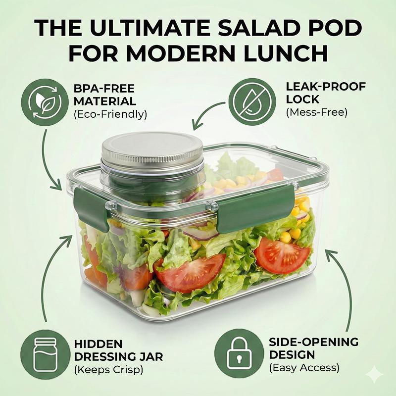 Salad Container For Lunch With Vertical Layering & Dressing Holder, Airtight Salad Pod With Fork, Portable Leakproof Organizer
