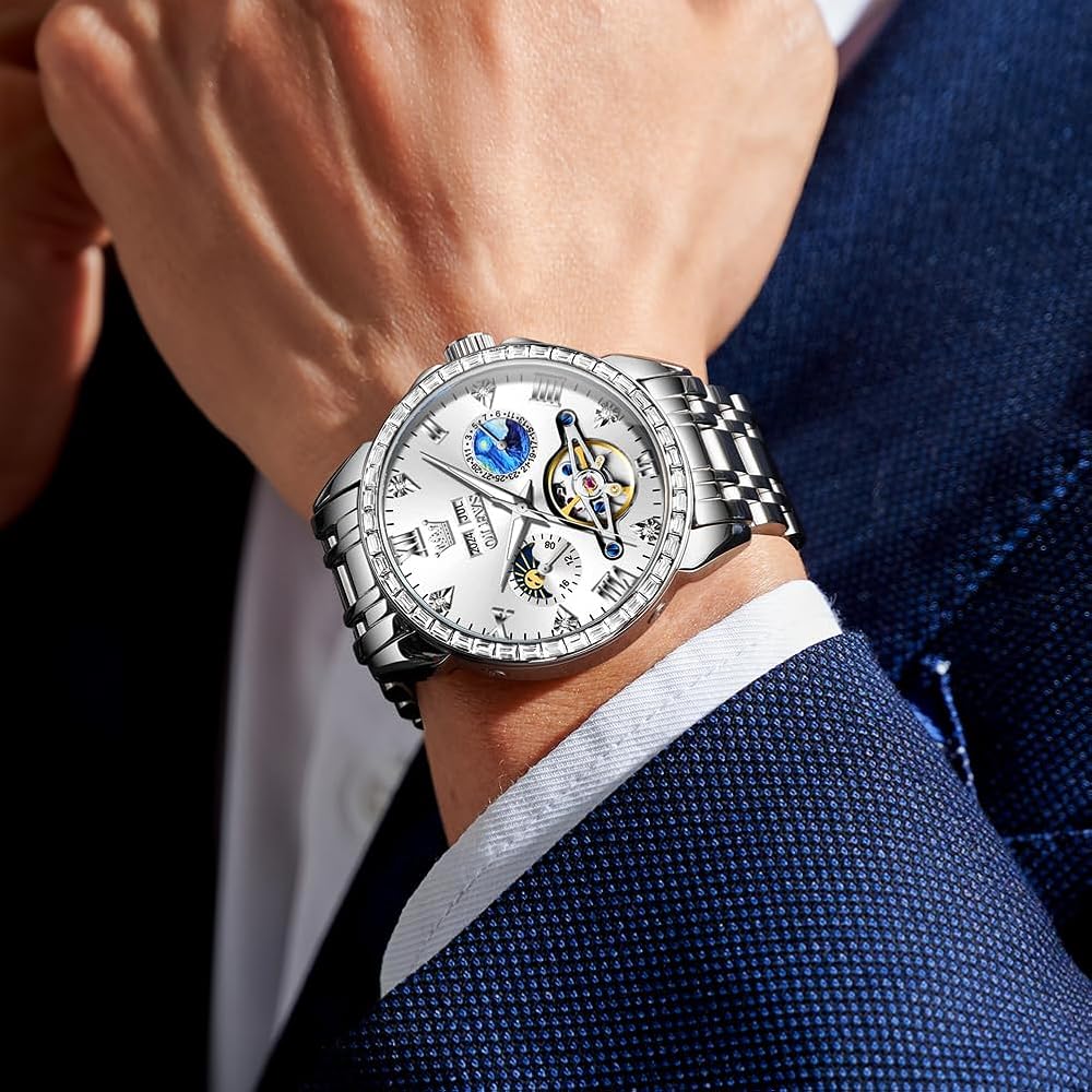OLEVS Men's Automatic Skeleton Watch Diamond Calendar Waterproof Stainless Steel White