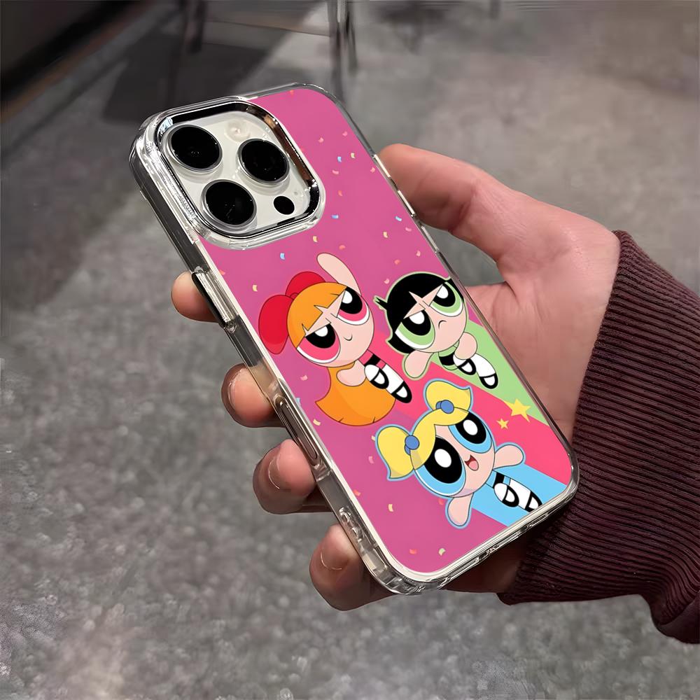 The P-Powerpuff Girls Cute Phone Case For IPhone 17 Air 16 E 15 14 13 12 11 Plus Pro Max Electroplated Transparent Soft Shell