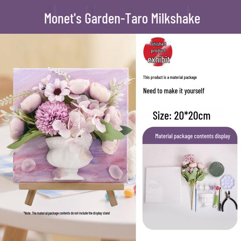 3D French Flower Arrangement DIY Kit: Monet’s Garden Oil Painting with Preserved Flowers & Plaster Ornaments - Ideal for Team Building Activities